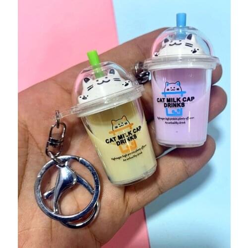 Key Ring Cute Mini Cartoon Cat Milk Tea Bottle Keychain Car Coffee Key Chain XXFF