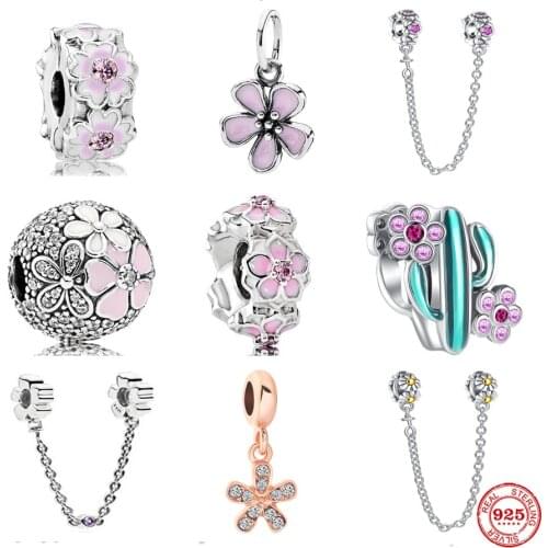 Summer New Accessories Flower Safety Chain Bead Fit Pandora Original Bracelet Charms Beads For Women DIY Jewelry
