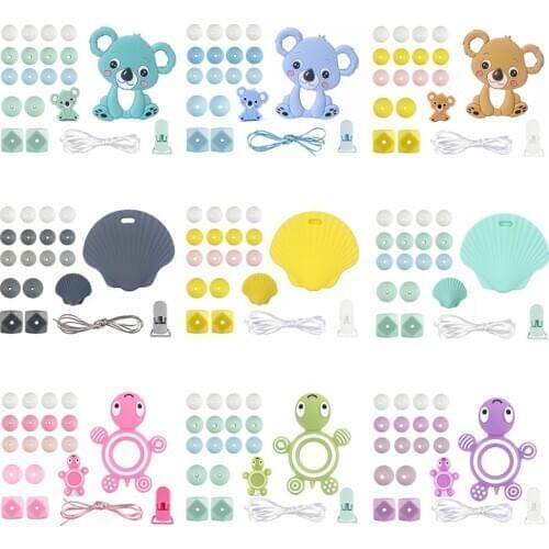 1Set Silicone Teether Wood Beads Set BPA Free DIY Accesories Baby Teething Chew Toy Cartoon Cartoon Animal Pacifier Chain Clip