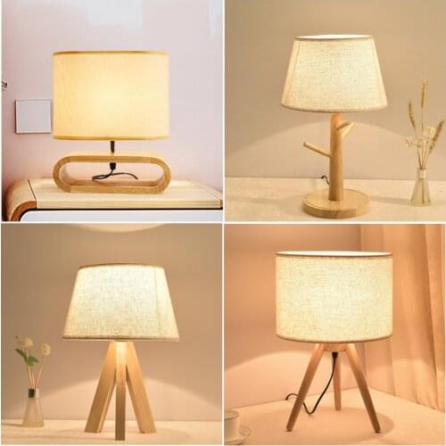 E27 Simple Modern Solid Wood Cloth Table Lamp Bedroom Bedside Study LED Warm Table Lamp Bedside Lamp Table Lamp