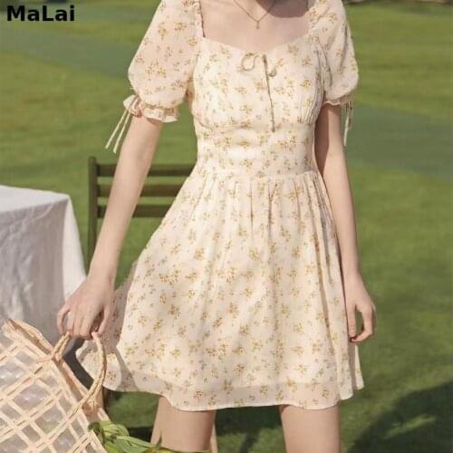 French Vintage Boho Dress Women High Waist Sexy Mini Elegant Dresses Summer Beach Short Sleeve Sweet Floral Dress Romantic 2021