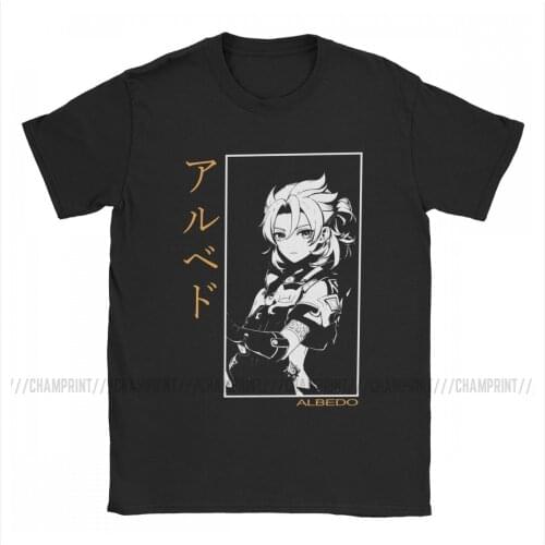 Humor Albedo Genshin Impact T-Shirts for Men Round Collar Pure Cotton T Shirt Anime Game Short Sleeve Tees Big Size Clothes