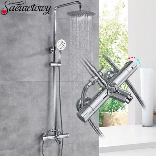 Chrome Wall Mounted Thermostatic Shower Faucet Ultra Faucet Head Shower Bracket Hot Cold Mixer Spout Tap Shower Faucet