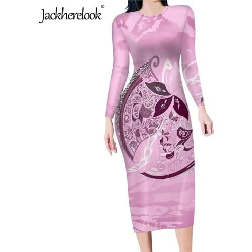 Jackherelook Pink Pencil Dress for Womens Elegant Samoan Polynesian Tribal Floral Print Autumn Sexy Midi Bodycon Dresses Mujer