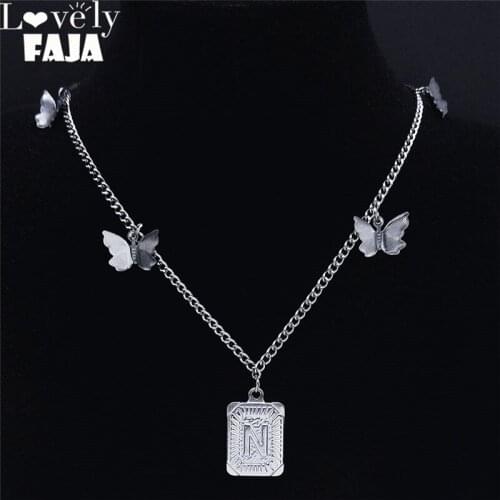 Stainless Steel Butterfly N Letter Chain Necklaces for Women Silver Color Charm Necklaces Jewelry collier papillon N7002NS03