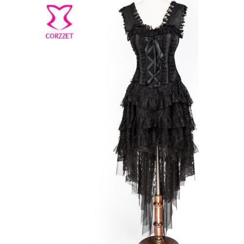 Corzzet Black Lace Bandage Steampunk Corset Skirt and Hem Burlesque Dance Corselet Costumes Women Party Gothic Corset Dress