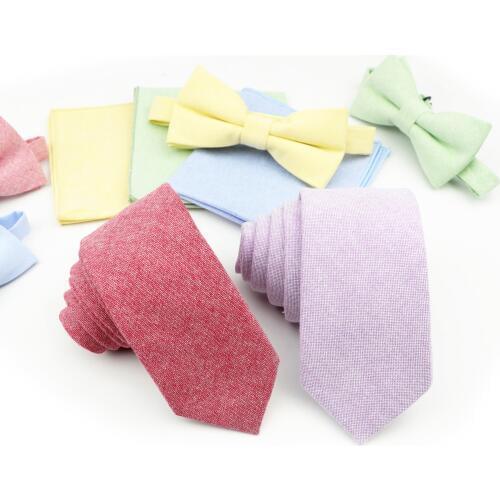 Fashion Lovely 100% Cotton Solid Colorful Men‘s Tie Bowtie Pocket Square Set For Party Wedding Accessories Gift