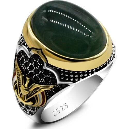 Turkey Jewelry Men Ring with Green Natural Agate Stone 925 Sterling Silver Vintage Eagle CZ Enamel Gold Ring for Women Male Gift
