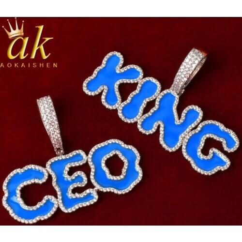 Solid Back Custom Name Blue Oil Bubble Letters Pendant Necklaces For Women Cubic Zircon Hip Hop Rock Jewelry