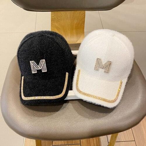 New fashion big M standard rhinestone baseball hat for women autumn winter show face small solid color warm cap for men outdoor