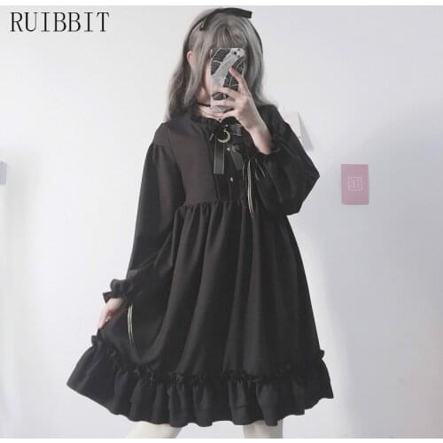 2019 Autumn New Arrival Women Japanes Harajuku Black Dress Girl Cute Long Sleeve Linen Ruffle Lolita Style Kawaii Cute Bow Dress