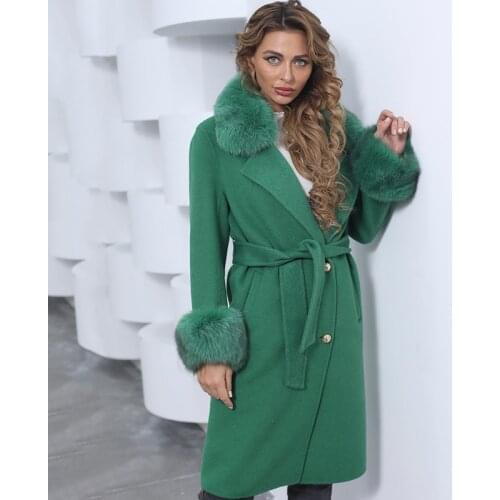 Winter Coat Women Korean Style Elegant Wool Coat With Real Fur Collar Cuff Solid Slim Long Trench Coat With Belt