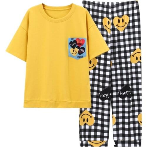 Summer Autumn Ladies Clothes Cotton Short Sleeve Nightgown Pajamas Trousers Suit Thin Section Home Service Woman Set