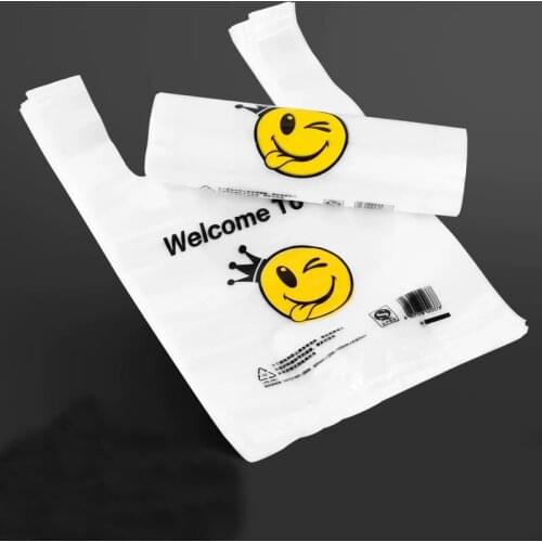 50pcs/pack Carry Out Bags Smile Gift Bag Retail Supermarket Grocery Shopping Plastic Bags with Handle Food Packaging