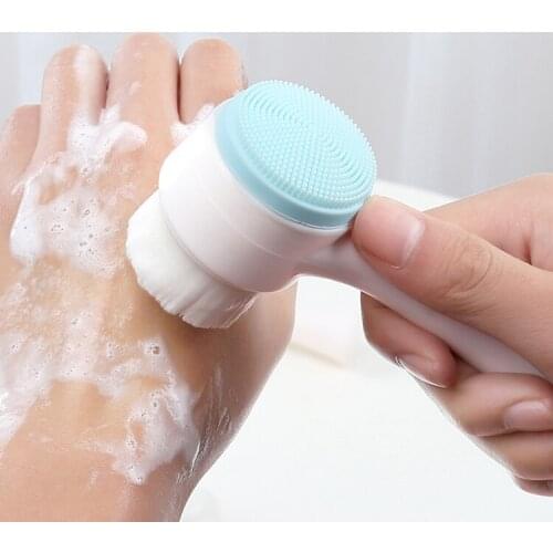Portable 2in1 Double Side Fiber Bristle Silicone Face Brush Deep Cleaning Vibration Facial Massage Cleansing Brush with Handle
