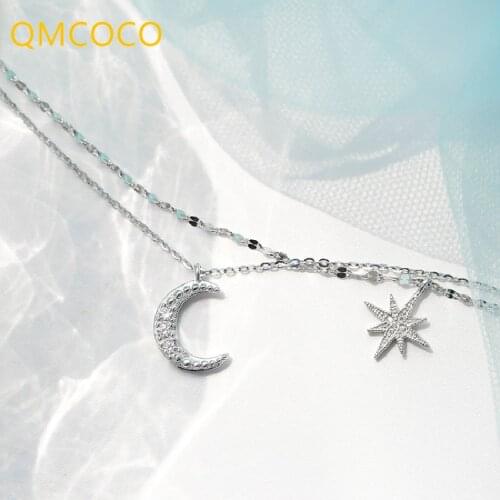 Korean 925 Silver Charm Chain Necklace For Women Romantic Fashion Shiny Moon Star Pendant Clavicle Chain Bride Gift