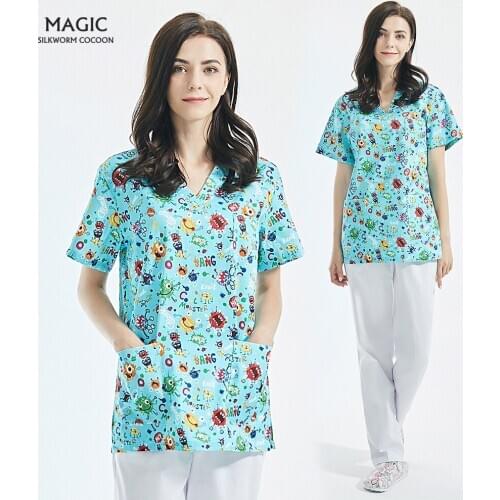 V-neck scrubs shirts/pants Short-sleeved cartoon printing Pet club work tops/pants scrubs working clothes men and women workwear