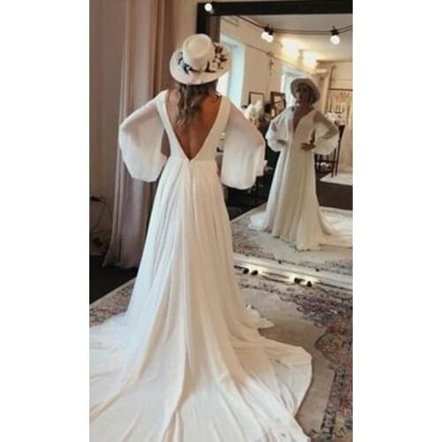 V Neck V Back Long Sleeves See-Through Stain Chiffon White Elegant Wedding Dress Boho 2021 A Line Sweep Ruched Bride Gown
