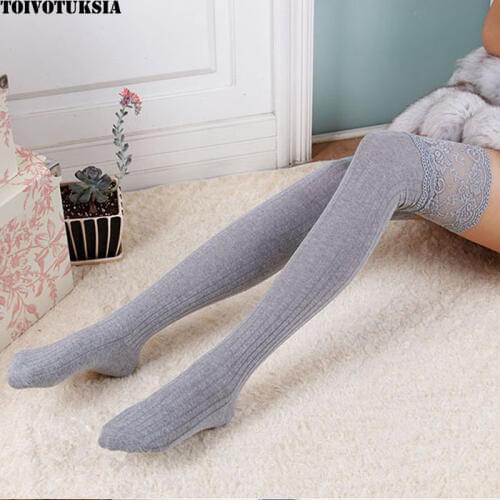 TOIVOTUKSIA Full Cotton Over the Knee Socks Thigh High Cotton Stockings With Lace Thigh High Socks Stocking