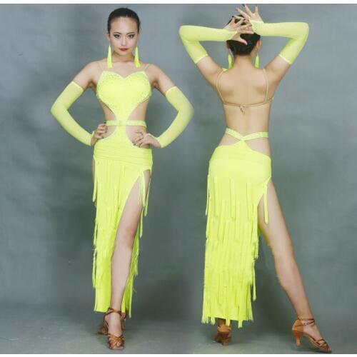 High Quality Latin Dance Dresses For Women Club Party Dancer Costumes Clothes Fringe Tassel Fluorescein yellow Dress DM1048