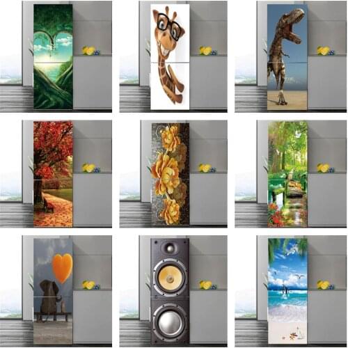 Green Love Tree Refrigerator Sticker Cute Cartoon Animal Flower Wall Decal Peel & Stick Vinyl Poster DIY mural Fridge Decoration