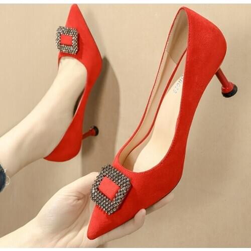 2020 Plus Size 33-42 Women 9.5 and 6.5 cm High Heels Prom Pumps Lady Crystal Wedding Valentine Low Heels Scarpins Office Shoes