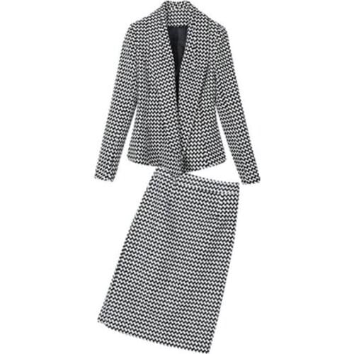 High Quality Wool Blend Elegant OL Sets Womens Plaid Suit Blazer Coat + Package Hip Skirt Two Pieces Set