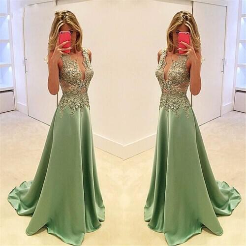 2020 New Fashion Satin Evening Prom Dress Sexy V-Neck Women Dress Applique Formal Occasion Party Gown vestido madre de la novia