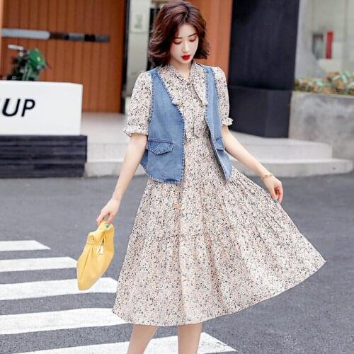 Summer Floral Two-piece Dress Womens Denim Vest Jacket And Short Sleeve Retro Printed Dress Ladies Fashion Casual Suits aq1221