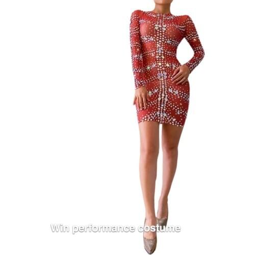Big stone Rhinestones Red Mesh Dress Evening Birthday Celebrate WrapStage Dance Stretch Transprant Dresses Women Dancer Clothing