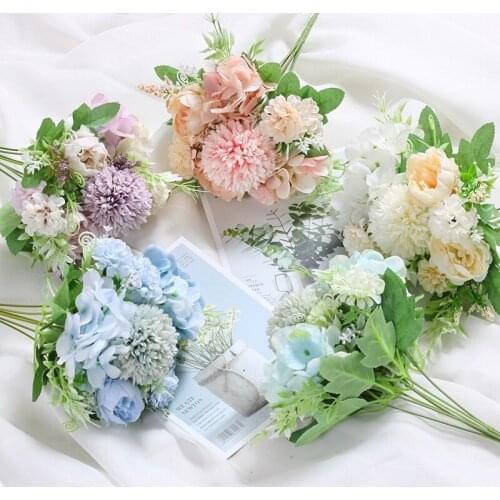 1 Bunch Artificial Silk Rose Peony Hydrangea Flower Hand Bouquet Wedding Bridesmaid Bouquet Vase Table Indoor Home Party Decor