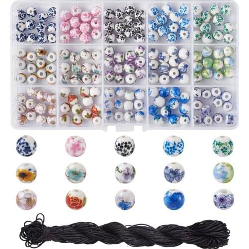 1 box 180pcs 8mm Mixed Color Round Handmade Printed Porcelain Beads and 1mm Nylon Thread Nylon String for Beading Jewelry Making