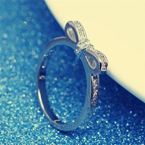 1PC Classic Silver Plated Sparkling Bow Knot Stackable Ring Elegant Women Wedding Jewelry