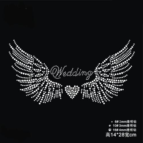 2pc/lot Wedding wings heart patches hot fix rhinestone transfer motifs iron on transfers motif for bag shirt