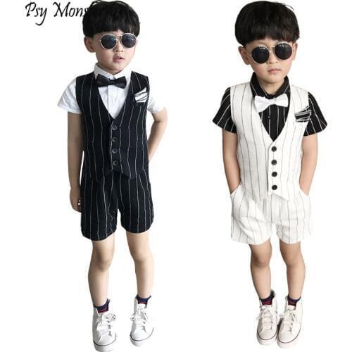 Children Formal Vest Suit Set Summer Autumn Boy Performance Party Gentleman Costume Kids Striped Wasitcoats Shirts Pants Clothes