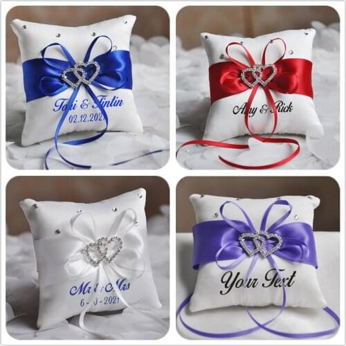Personalized Wedding Ring Pillow Custom Name Double Heart Ribbon Ring Pillow Romantic Wedding Ceremony Gift Bridal Party Supply