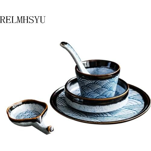 2PC RELMHSYU Japanese Style Ceramic Soup Spoon 4.5Inch Rice Bowl Round Food Dish Plate Household Tableware Hotel Set