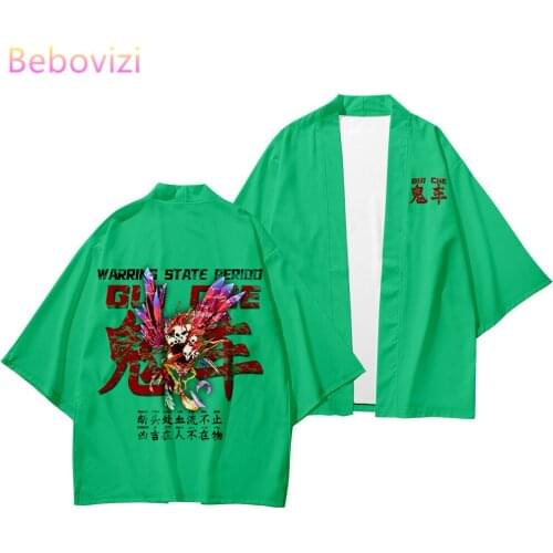 5XL 6XL Green Beach Harajuku Japanese Sets Fashion Kimono Kimetsu No Yaiba Men Women Cardigan Haori Obi Asian Clothes Pant Suit