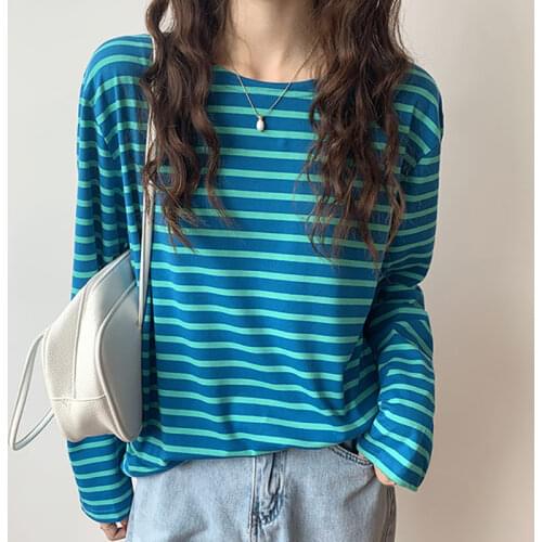 Classic Casual Striped T-shirts Women Long Sleeve Elegant Sweet Student Womens Tee Shirt Femme Korean Style O-Neck Loose T Shirt