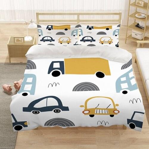 Cartoon Toy Car Boys Kids Bedding Set Custom White Yellow 3D Luxury Duvet Cover Sets King Queen Double Single Size Home Textile