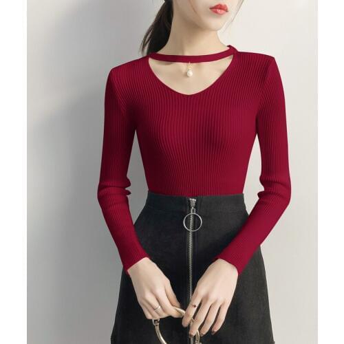 Korean Sweaters For Women Basic High Elastic Knitted Sweater Woman Sexy V-Neck Pullovers Long Sleeve Slim Pull Femme 2018 GKFNMT