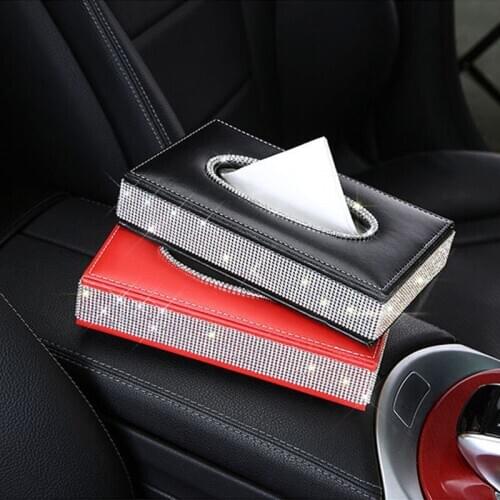 2020 New Luxury Leather Diamond Tissue Box Napkin Holder Car Tissue Holder Car Decor Car Accessories for Girls Car Tissue Box