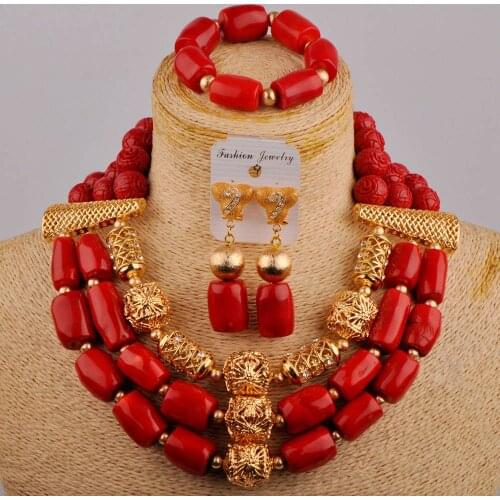 Red African Coral Beads Jewelry Set 3 Layers Necklace+ Bracelet+Earrings Nigerian Wedding Accessories Traditional