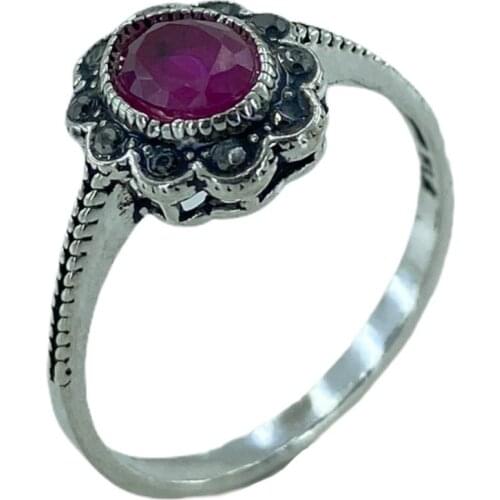 Tiny Stem Ruby Gemstone Marcasite Authentic 925 Sterling Silver Ring