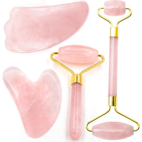 Natural Crystal Jade Roller Facial Thin Massager Box Skin Slim Pink Stone Guasha Gem Anti Wrinkle Remover Gua Sha Gift Set Tool