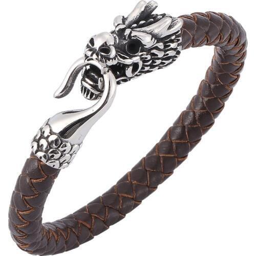 Men Jewelry Dragon Head Black/Brown Leather Braided Bracelet Stainless Steel Easy-Hook Woven Bangles Gifts pulsera masculina