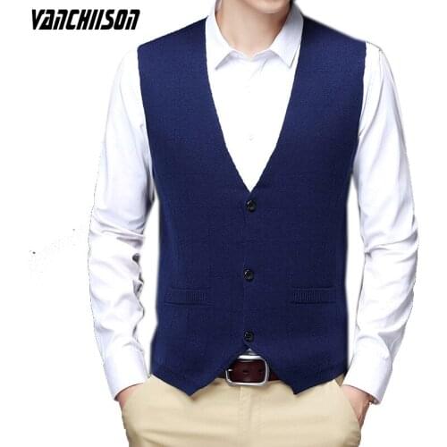 Men Brand Knit Vest Buttons Down Business Formal V Neck Basic Sweater Jacket Cardigan Sleeveless Solid 47.2% Wool A08201716