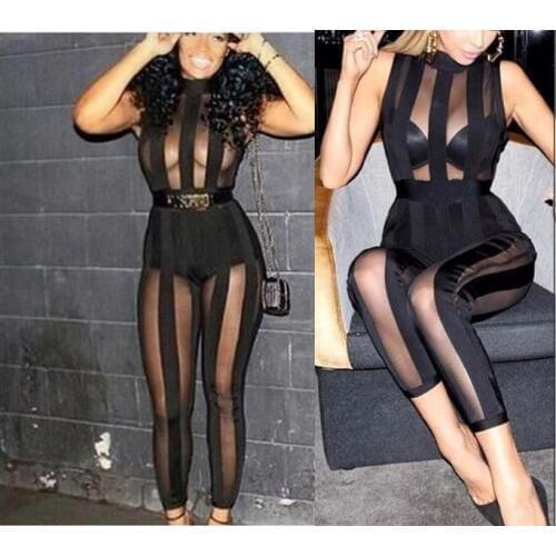 2016 New Women Black Chic Mesh Patchwork Striped Women Bodysuit Bandage Jumpsuit
