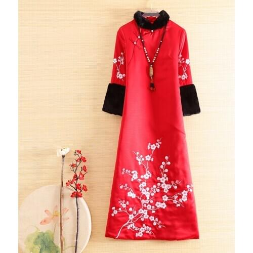 Autumn Winter Warm Coats Dress Women Vintage Elegant Floral Wool Embroidery Plum Blossom Lady Qipao Cheongsam Female S-XXL