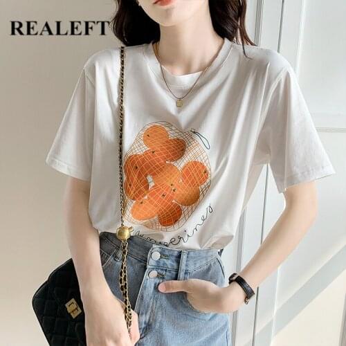 REALEFT 2021 New Summer Cotton Printing Womens T-Shirts Bottoming O-Neck Casual Minimalism Short Sleeve Female Shirts Pink Tops